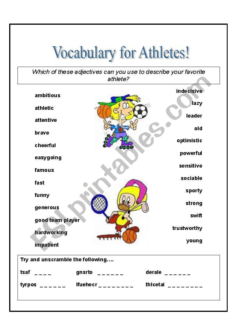 Adjectives for athletes worksheet