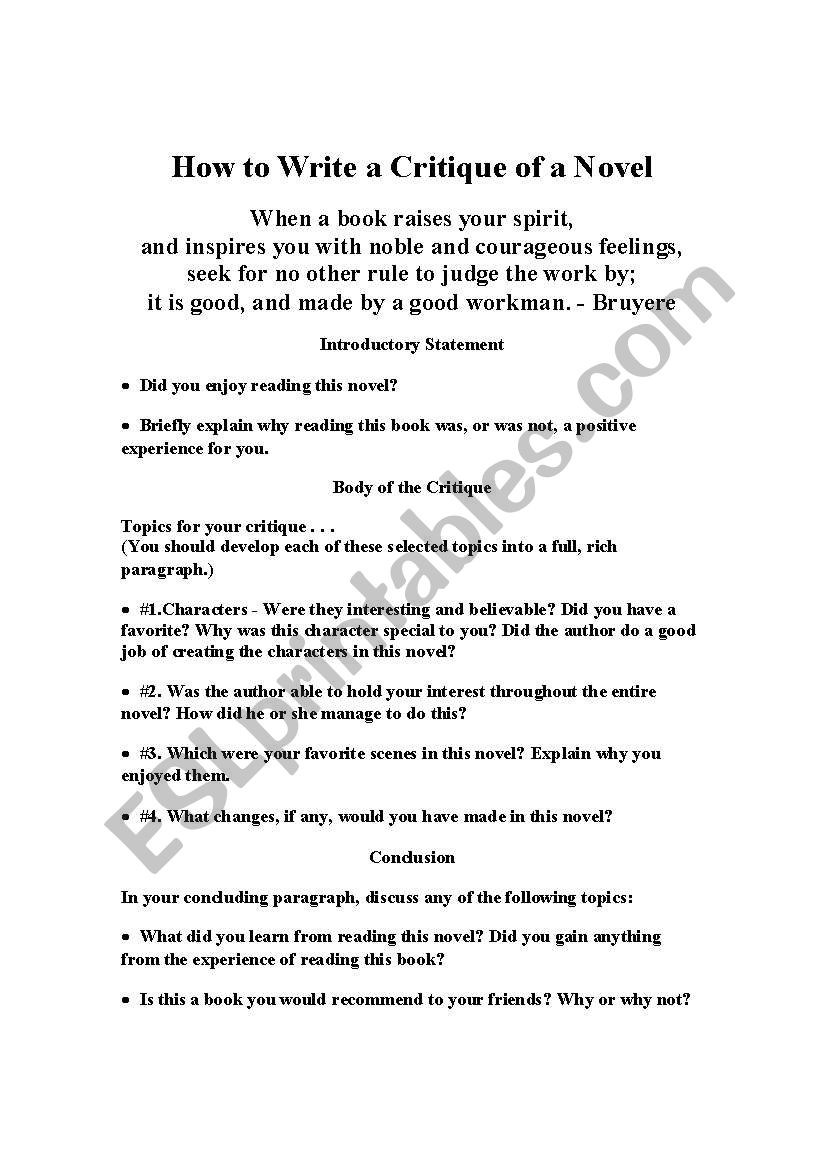 English worksheets: How to write a Critique of a Novel