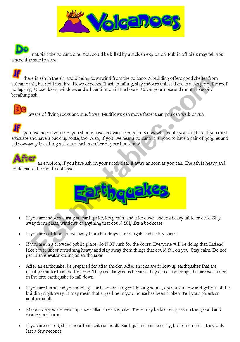 Volcanoes and Earthquakes worksheet