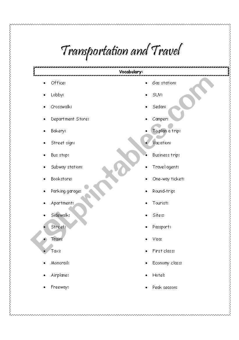 Transportation and Travel worksheet
