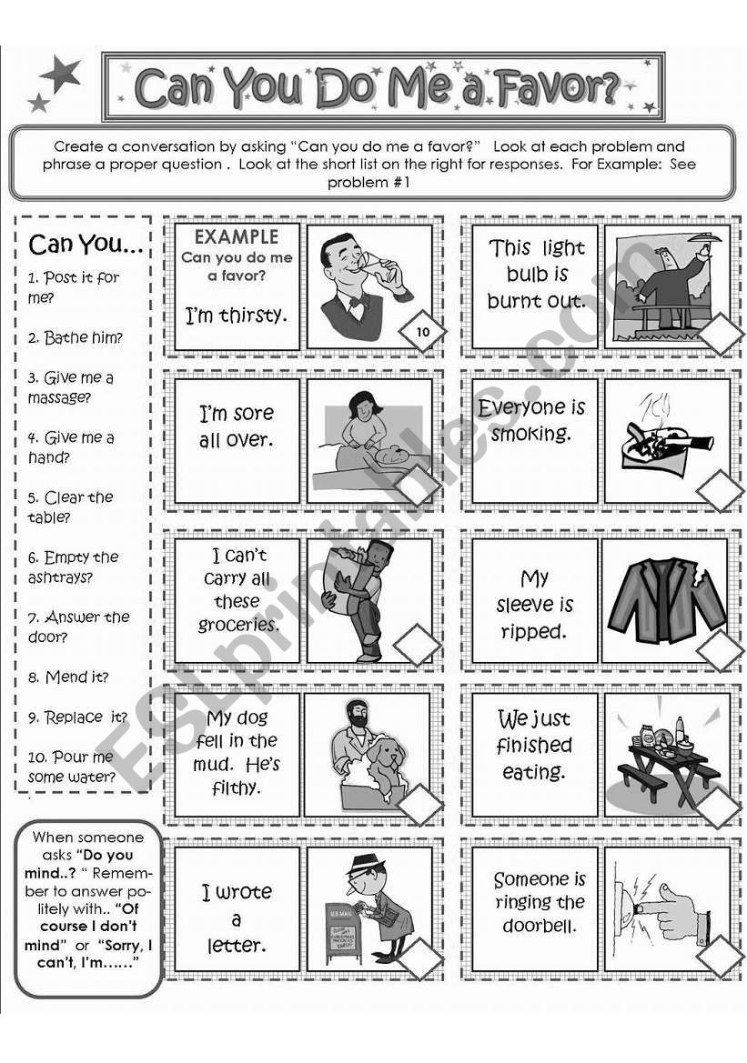 CAN YOU DO ME A FAVOR? Card 5 BLACKLINE COPYMASTER ESL worksheet by susiebelle