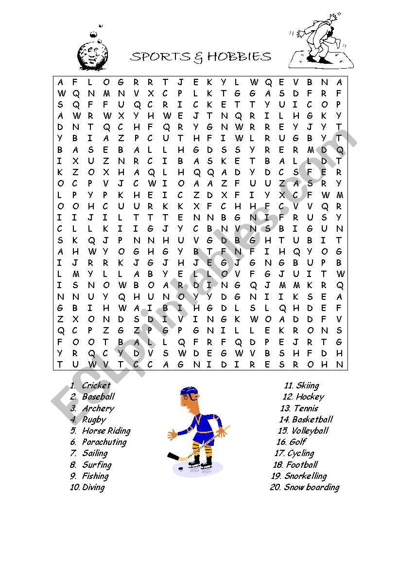 Sports and Hobbies wordsearch worksheet