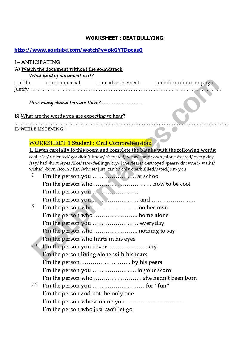 violence at school worksheet