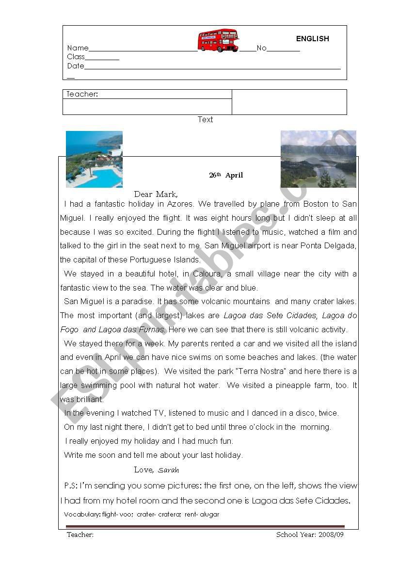 A  holiday in Azores worksheet