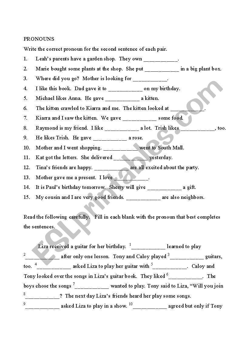 Pronouns worksheet