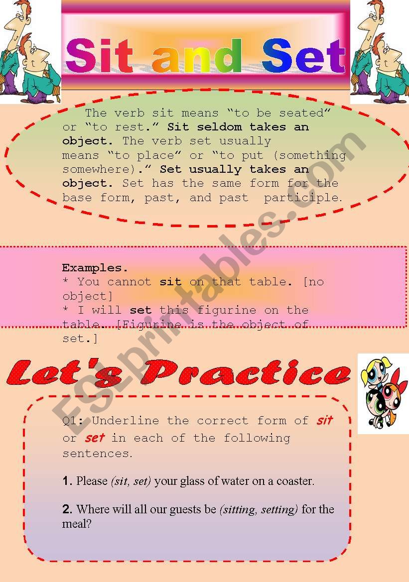 Grammar worksheet/ sit and set