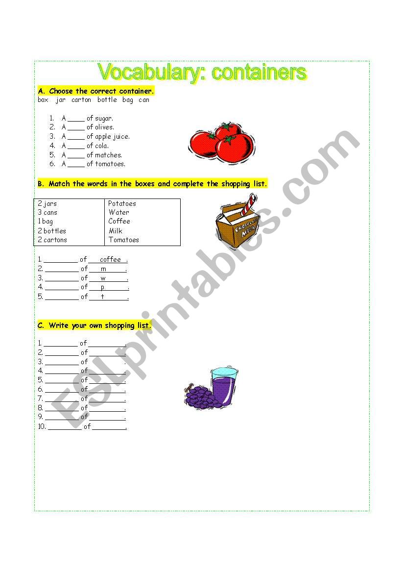 containers worksheet