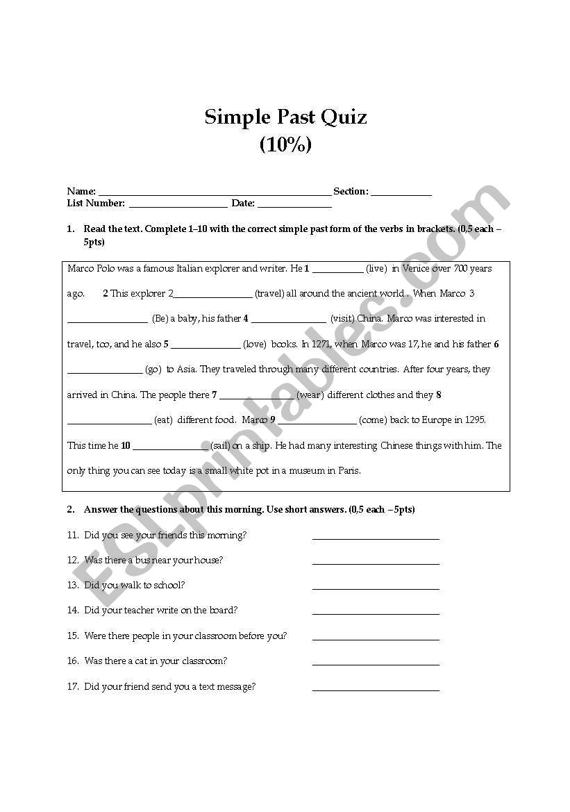 Simple Past Quiz worksheet