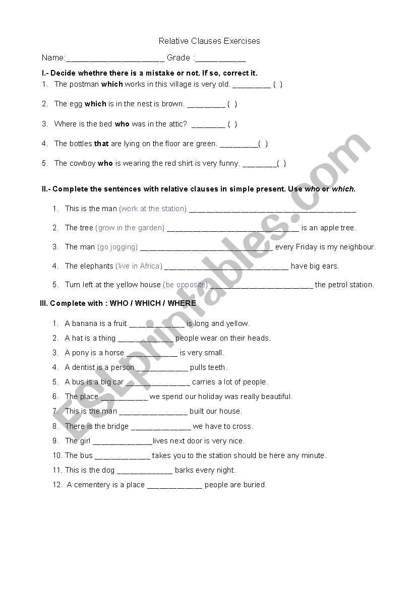 Relative Clauses Worksheet worksheet