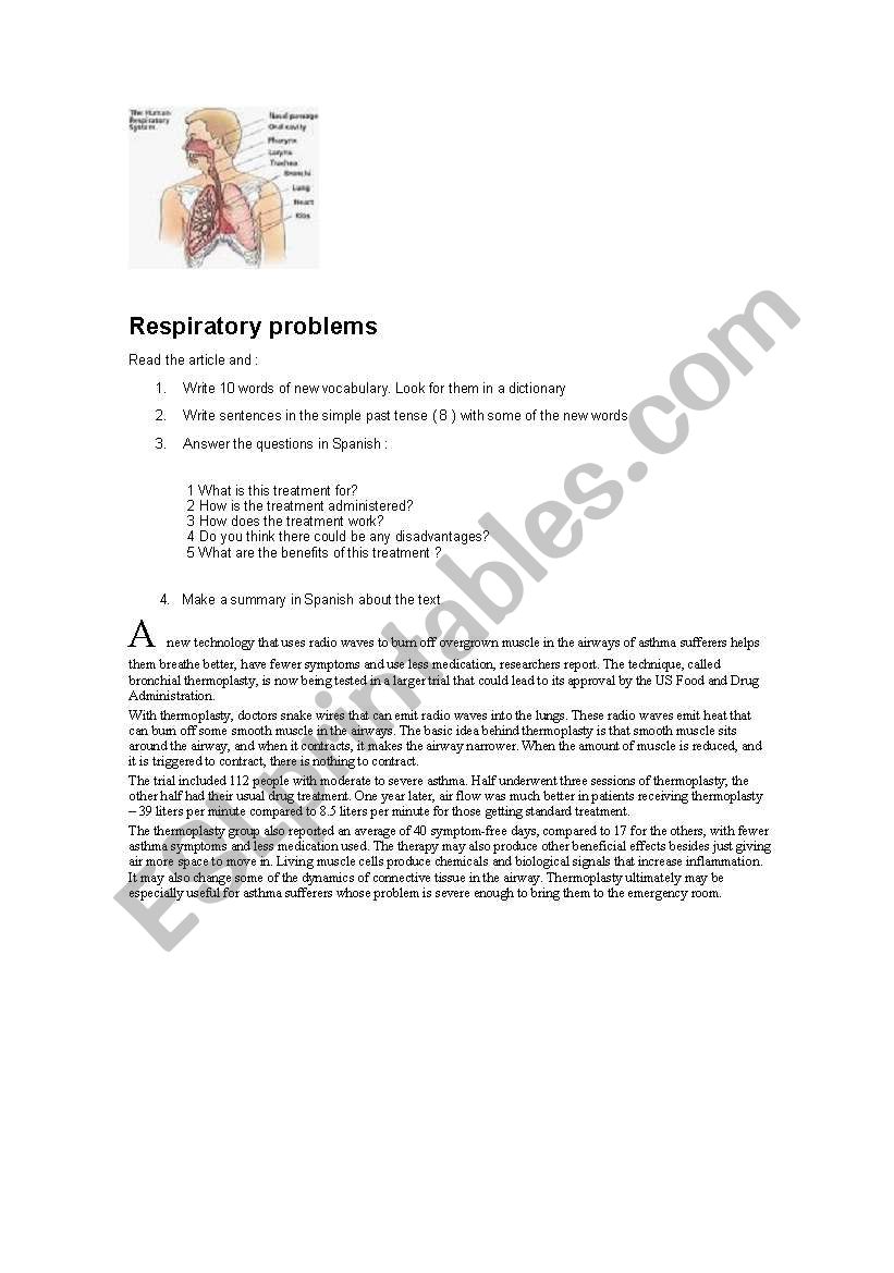 Respiratory problems worksheet