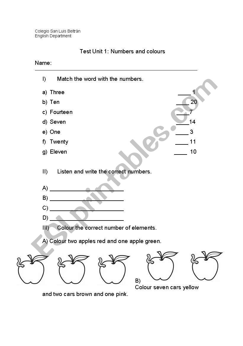 Numbers and colours test worksheet