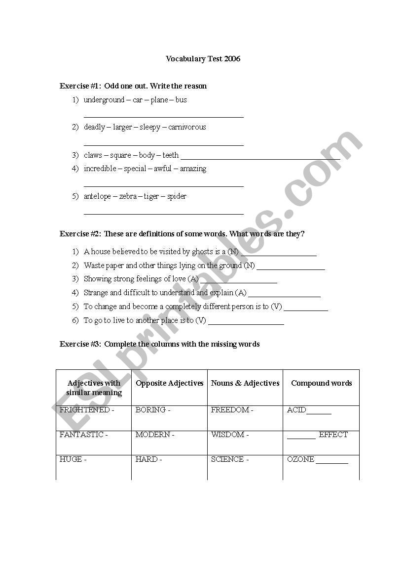 General Vocabulary test worksheet