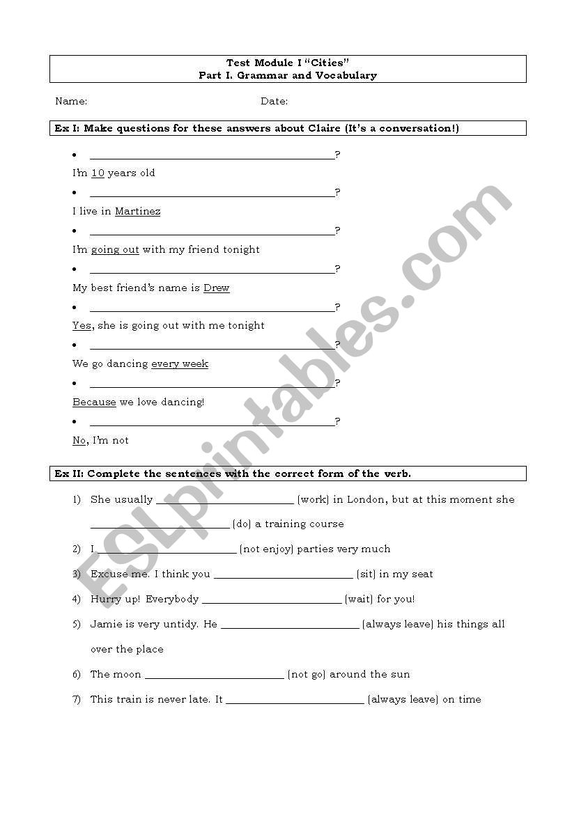 test mainly on tenses worksheet