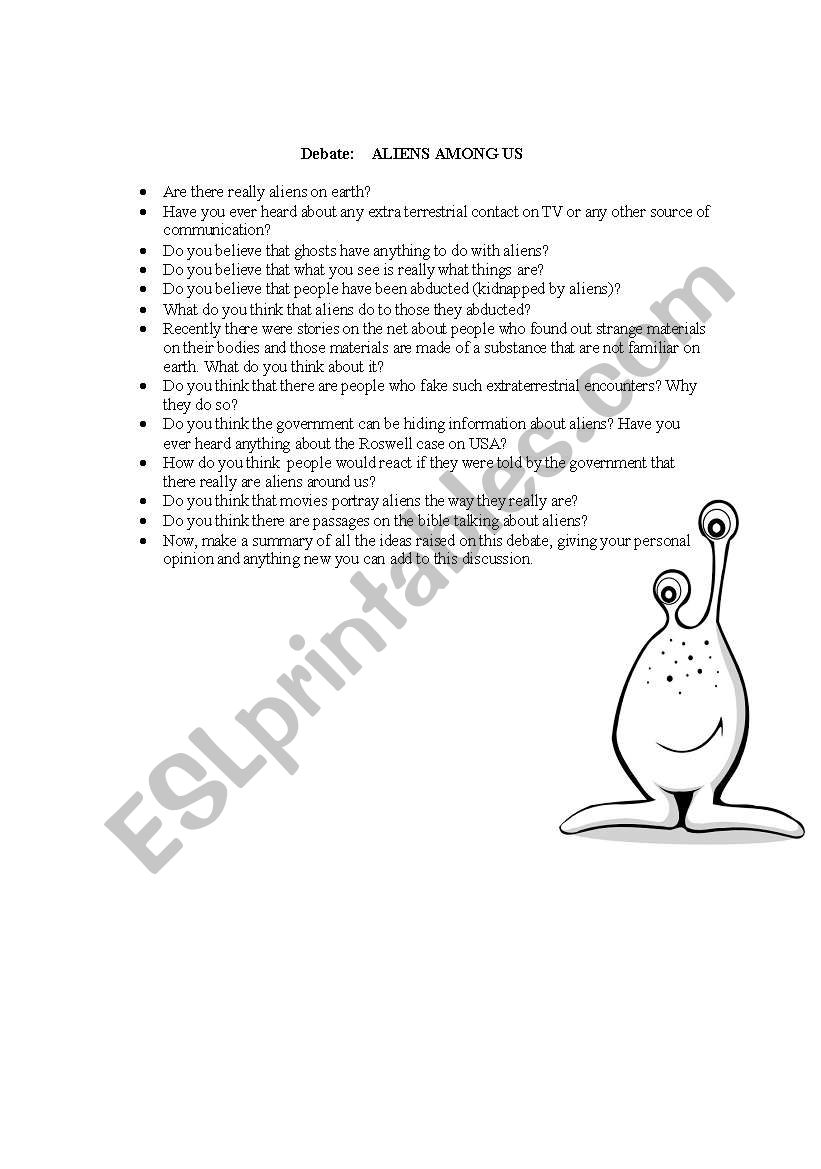 debate about aliens worksheet