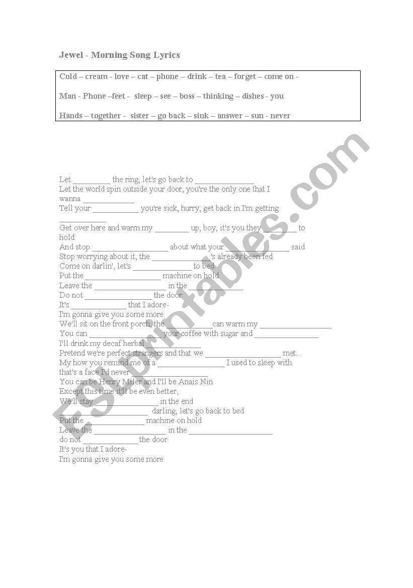 Song activity jewel worksheet