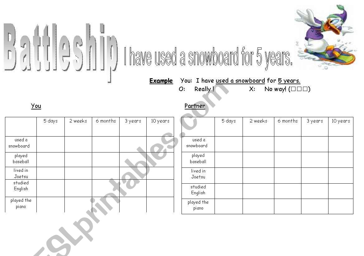 Present Perfect Battleship worksheet