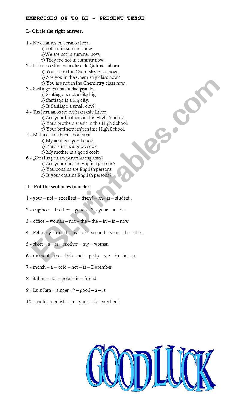 TO BE PRESENT TENSE worksheet