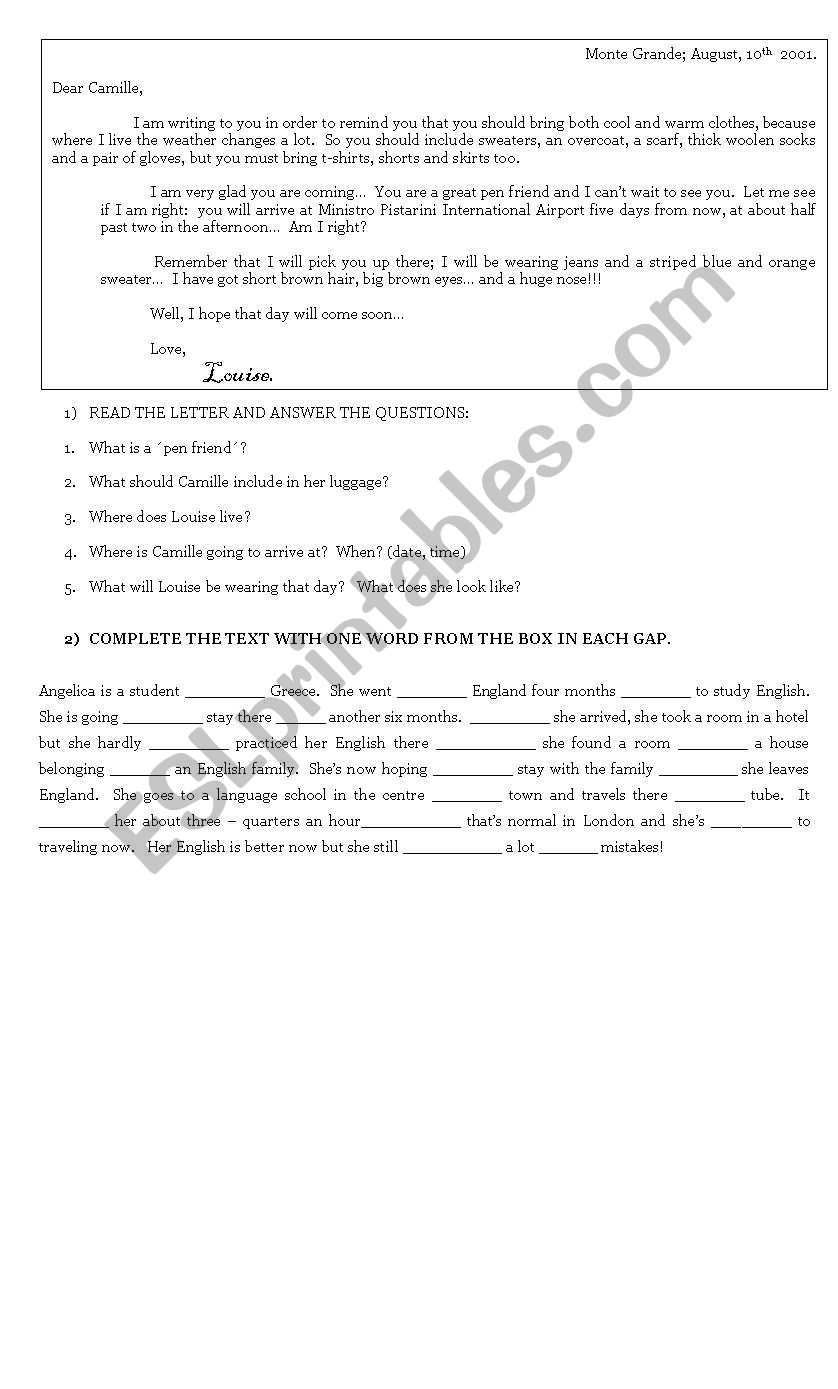 PEN FRIEND - READING COMPREHENSION ACTIVITY