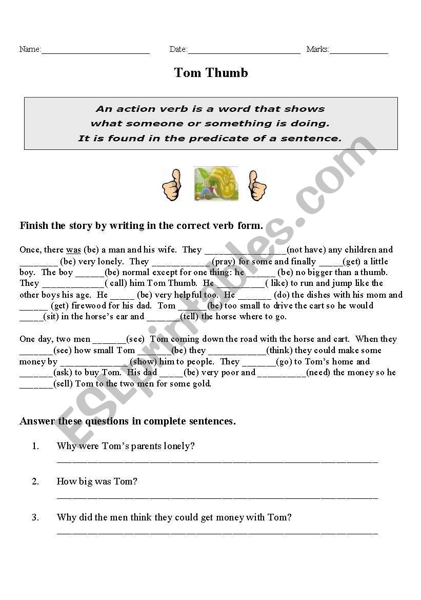 Verb Tenses-Tom Thumb worksheet