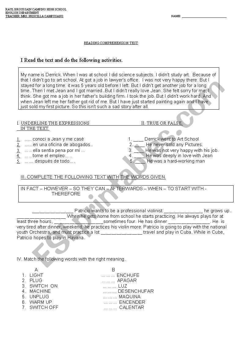 reading comprehension test worksheet