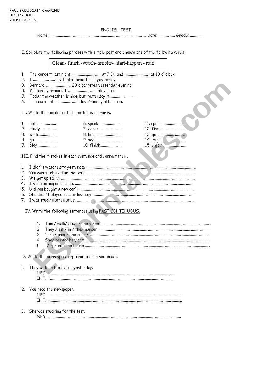 simple past test worksheet