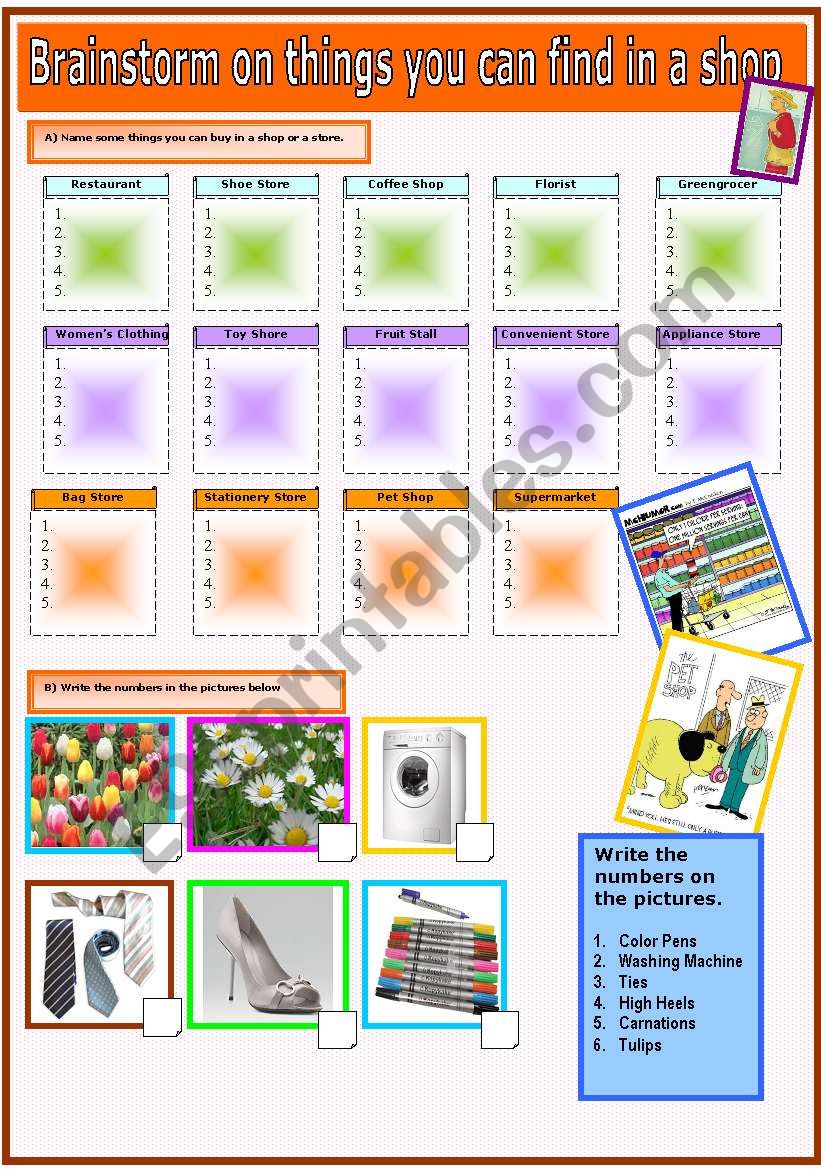 Brainstorm about shopping. worksheet