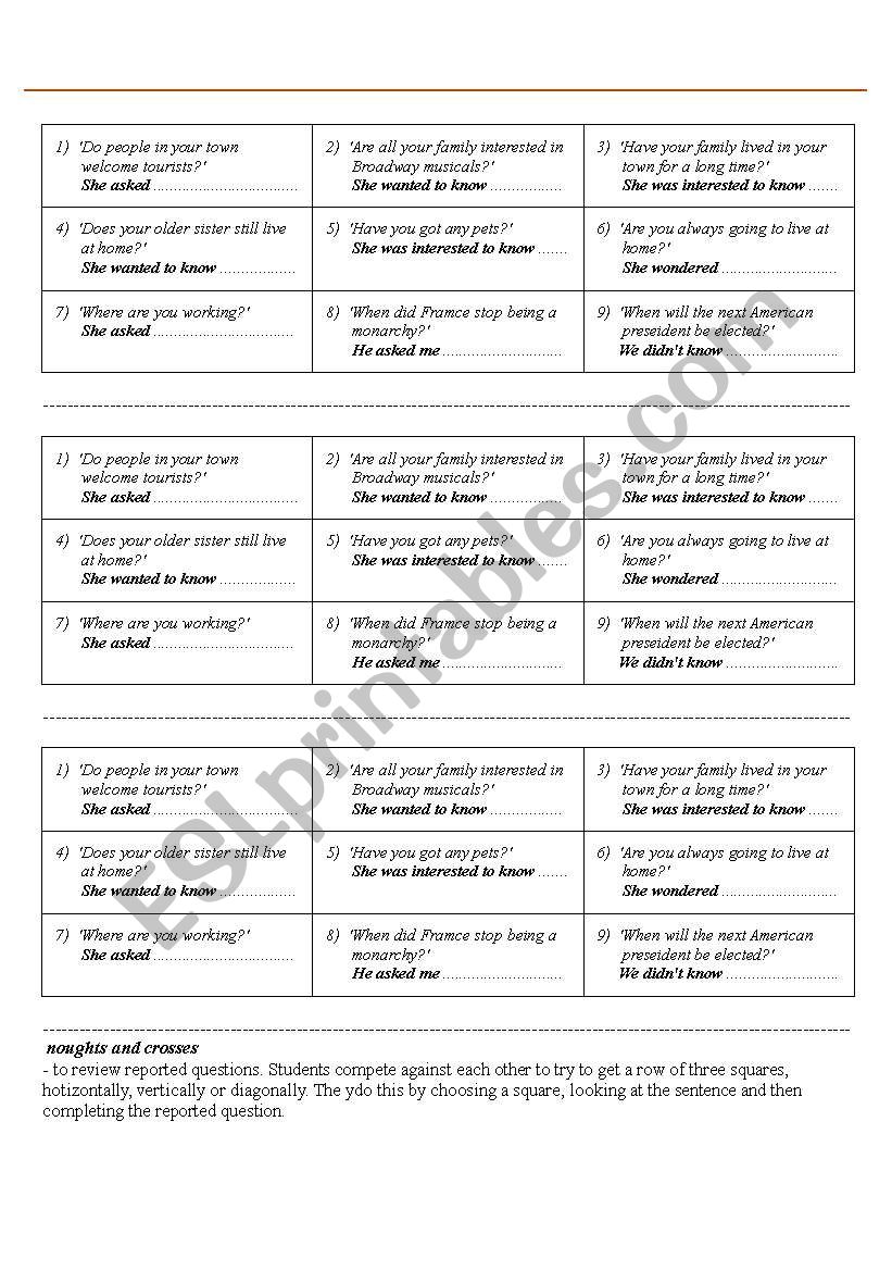 Reported questions worksheet