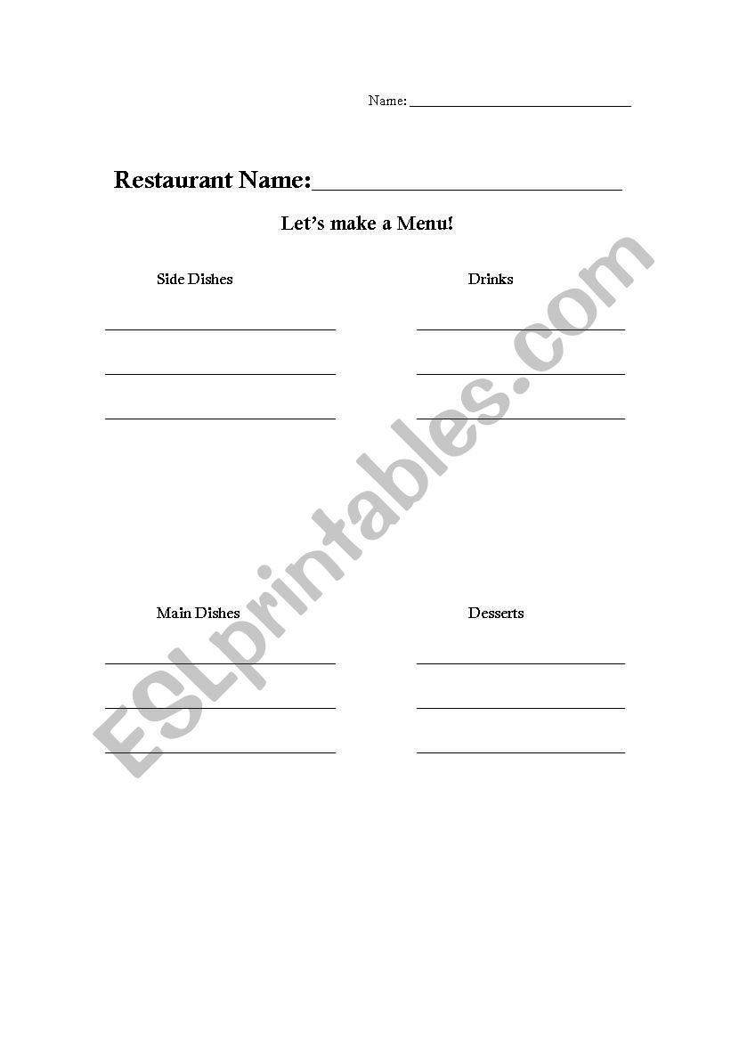 Lets make a menu! worksheet
