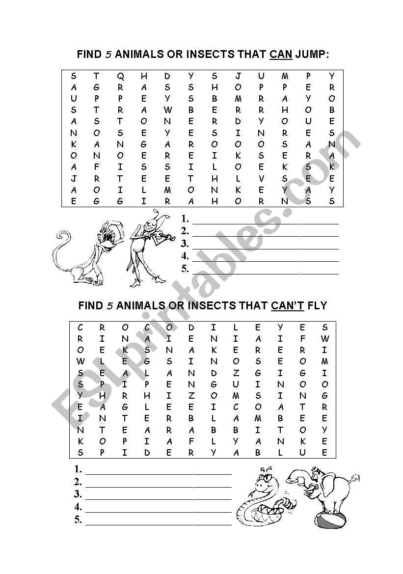 Word Search: Animals and insects