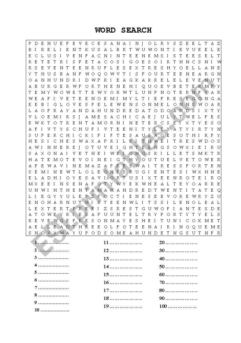 Word Search: Numbers worksheet