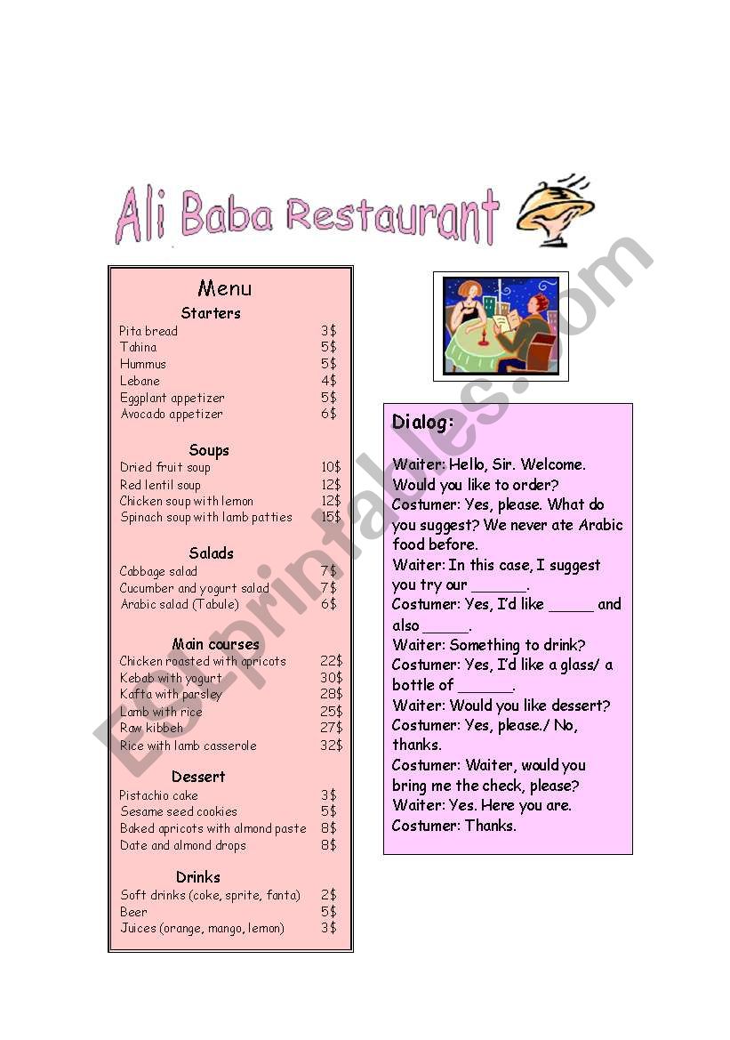 Ali Baba Restaurant worksheet