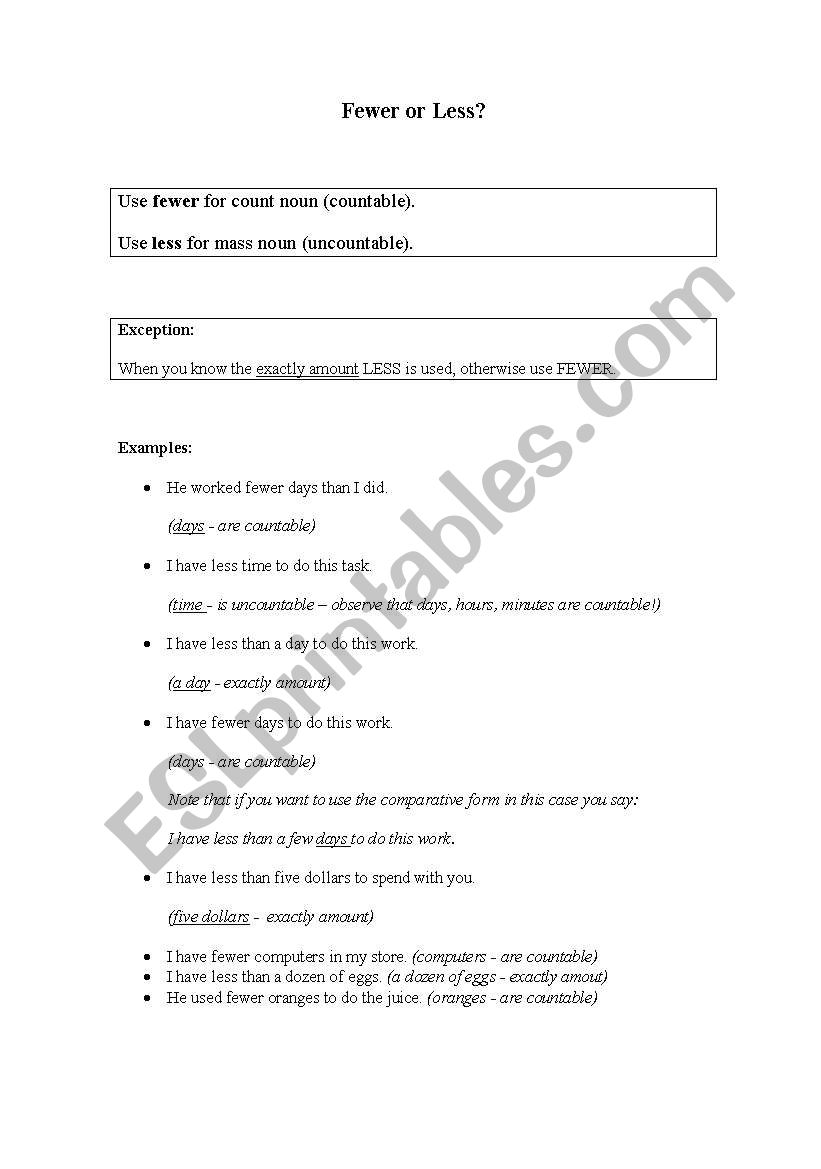 Fewer of Less? worksheet