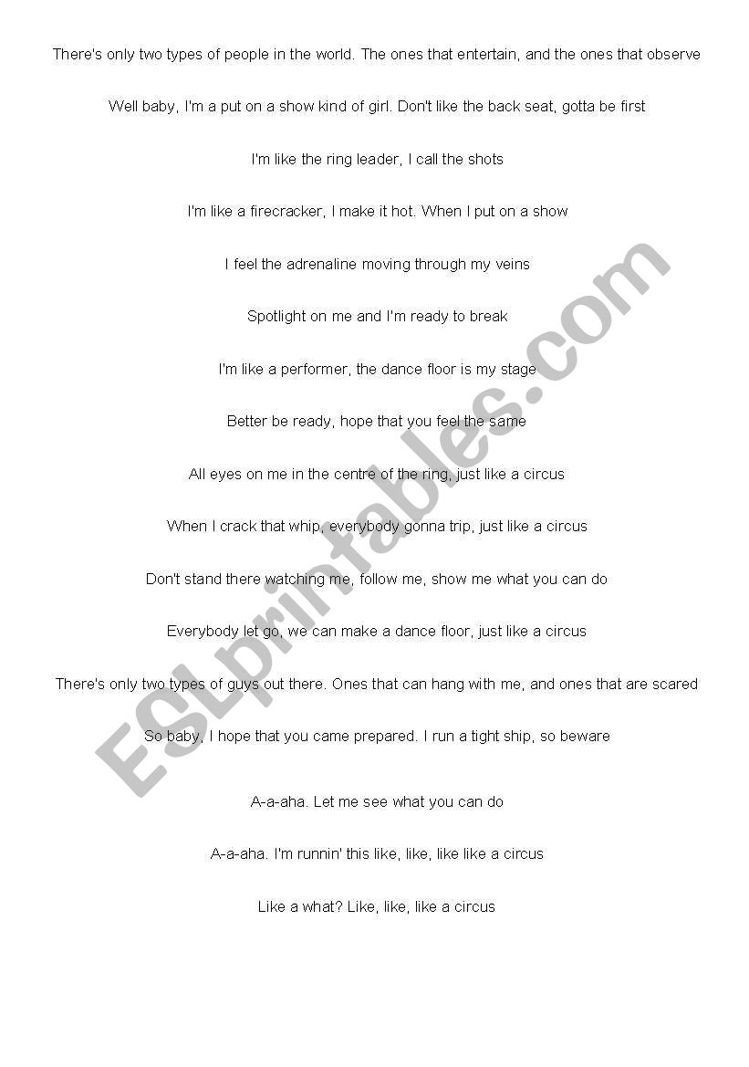 Circus lyrics- Britney Spears worksheet