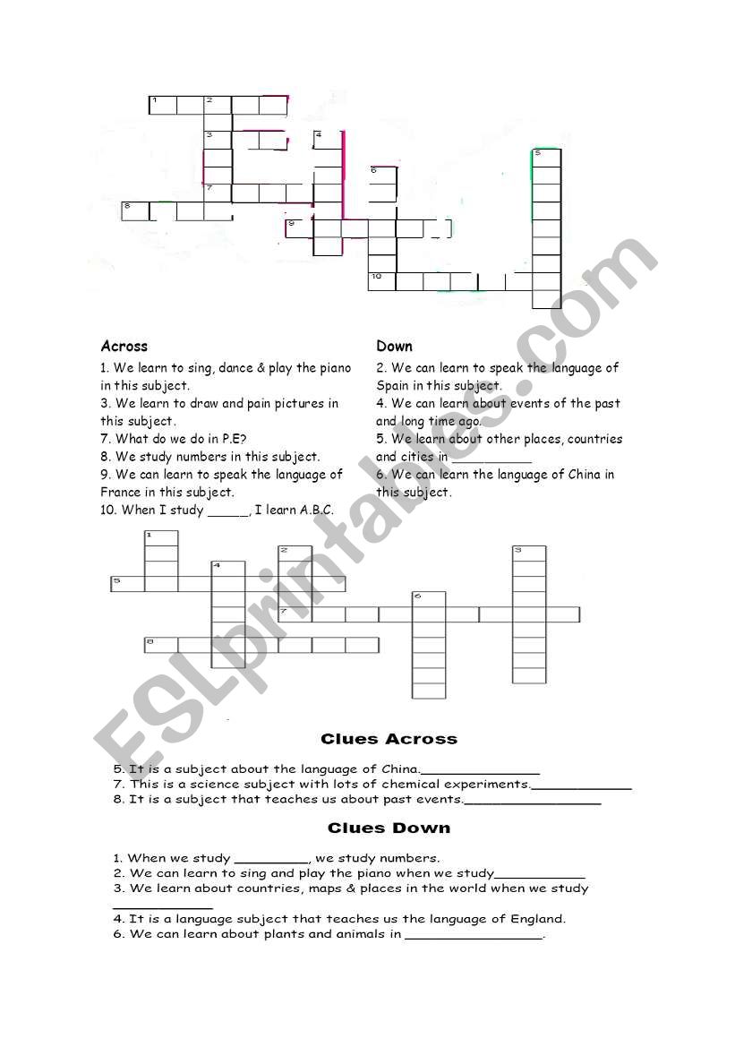 school subjects worksheet