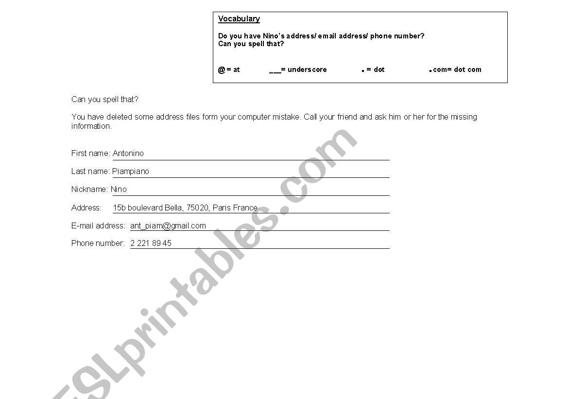 personal information worksheet