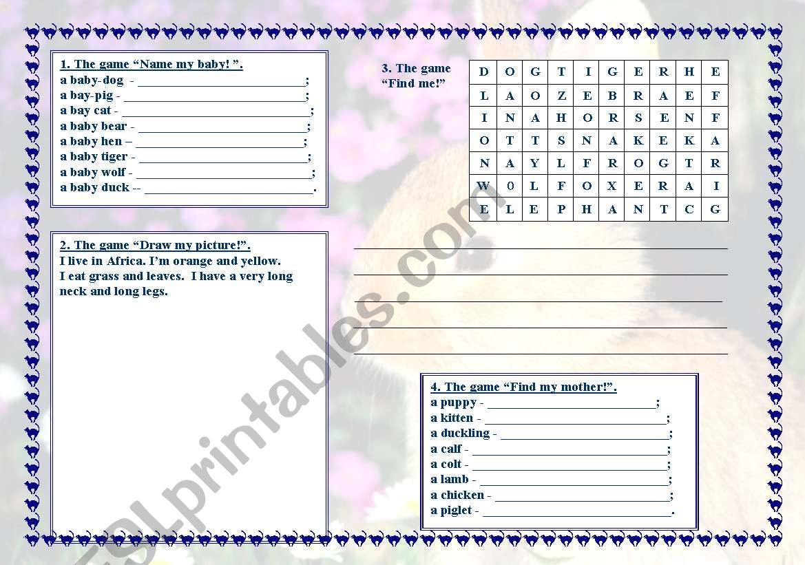 Animals. Games worksheet
