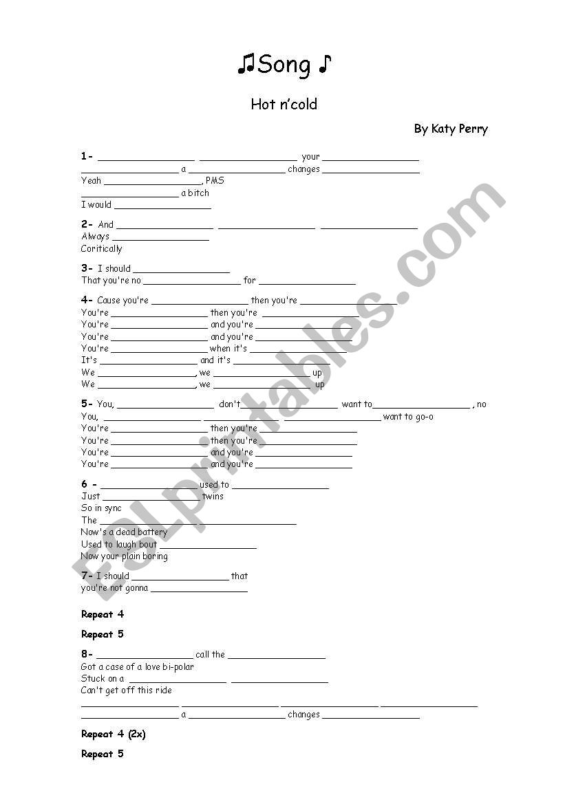 Hot n cold -  By Katy Perry worksheet