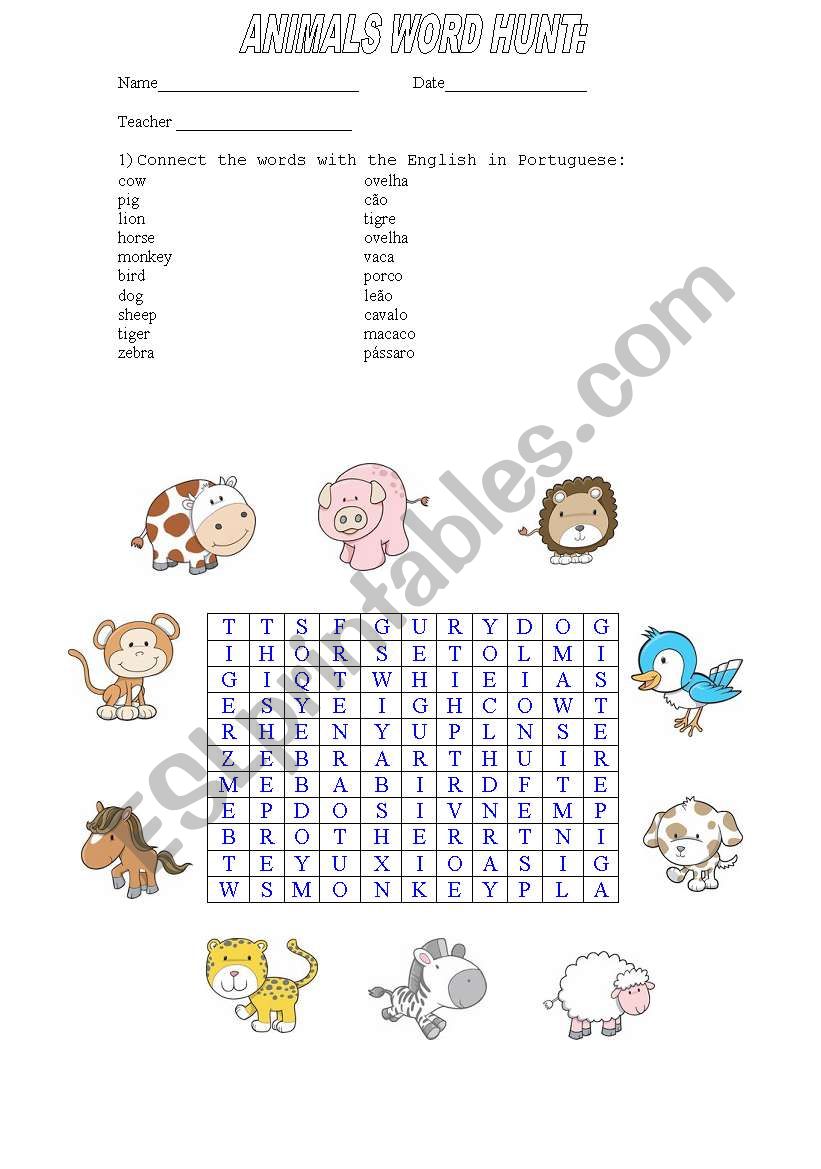 Animals Word Hunt worksheet