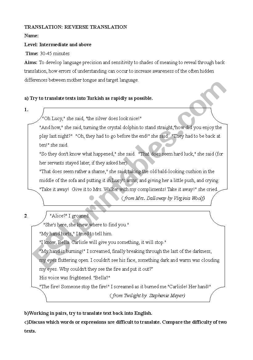 translation worksheet
