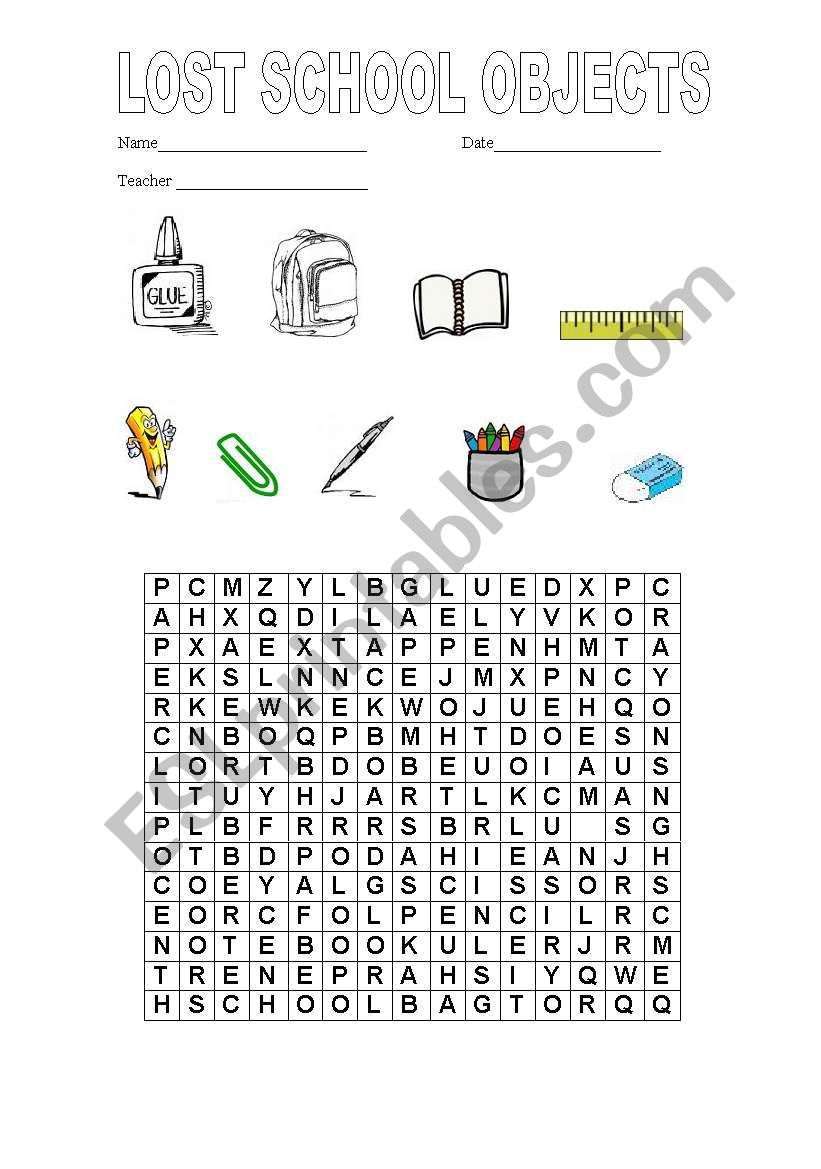 School objects Word hunt worksheet