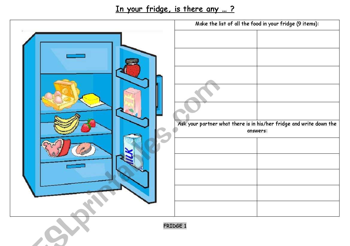 food in the fridge pair work worksheet