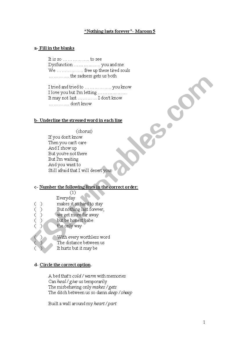 nohing lasts forever worksheet