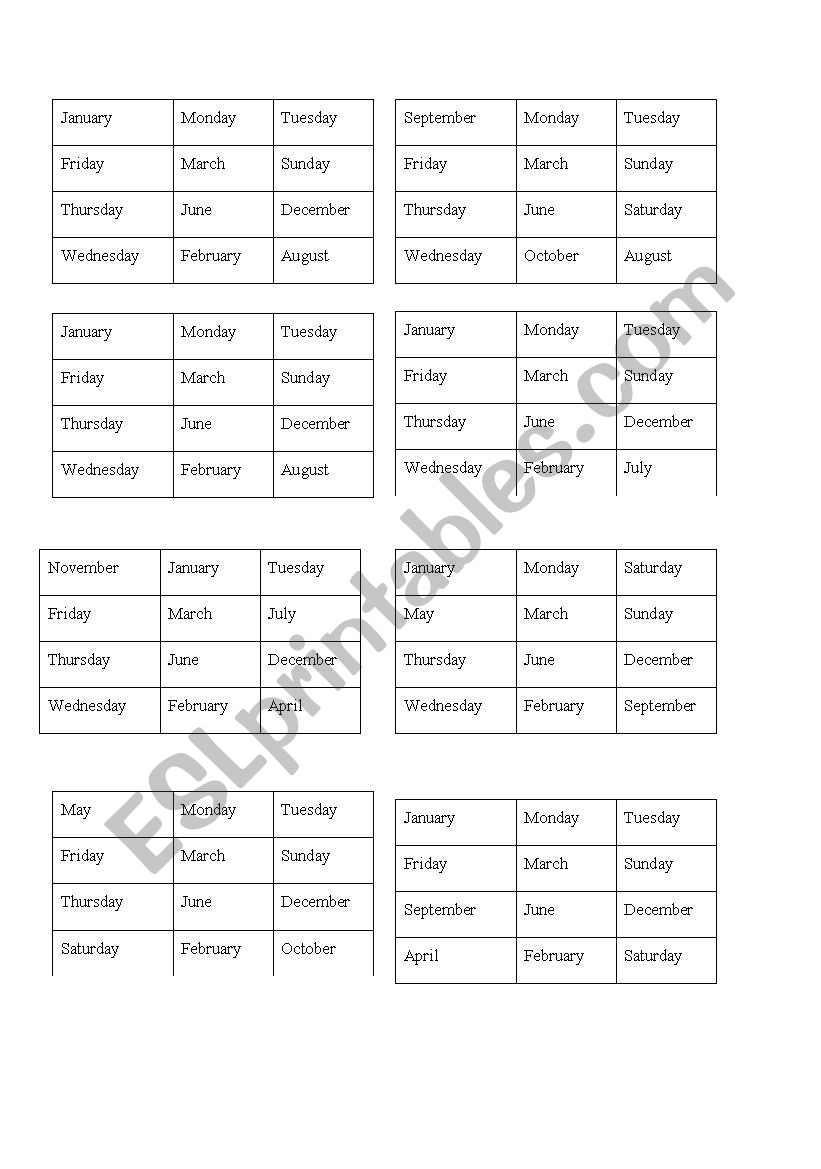 BINGO Days worksheet