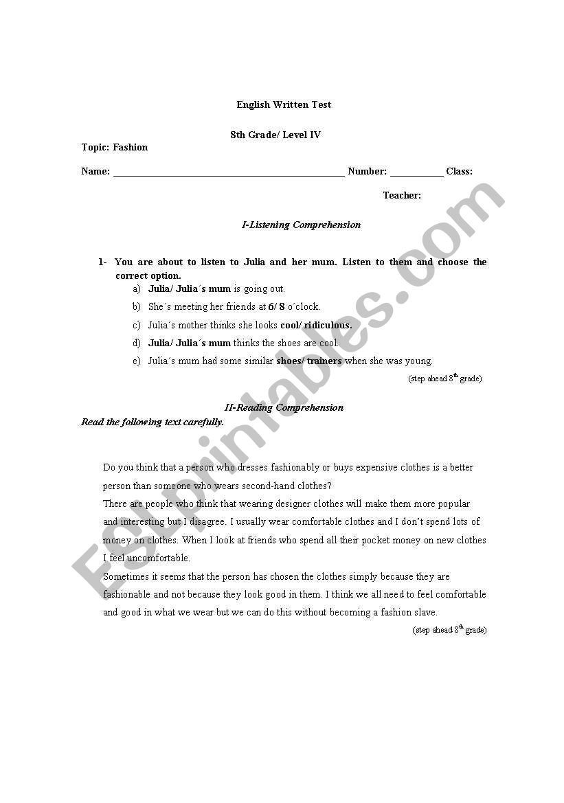 Test on Shopping worksheet