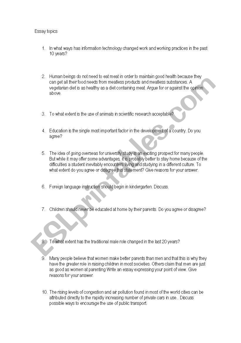 Essay Topics worksheet