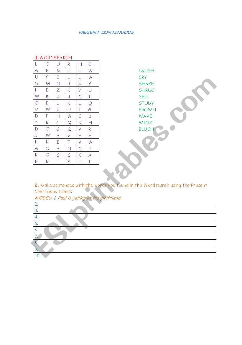 Present Continuous Wordsearch worksheet