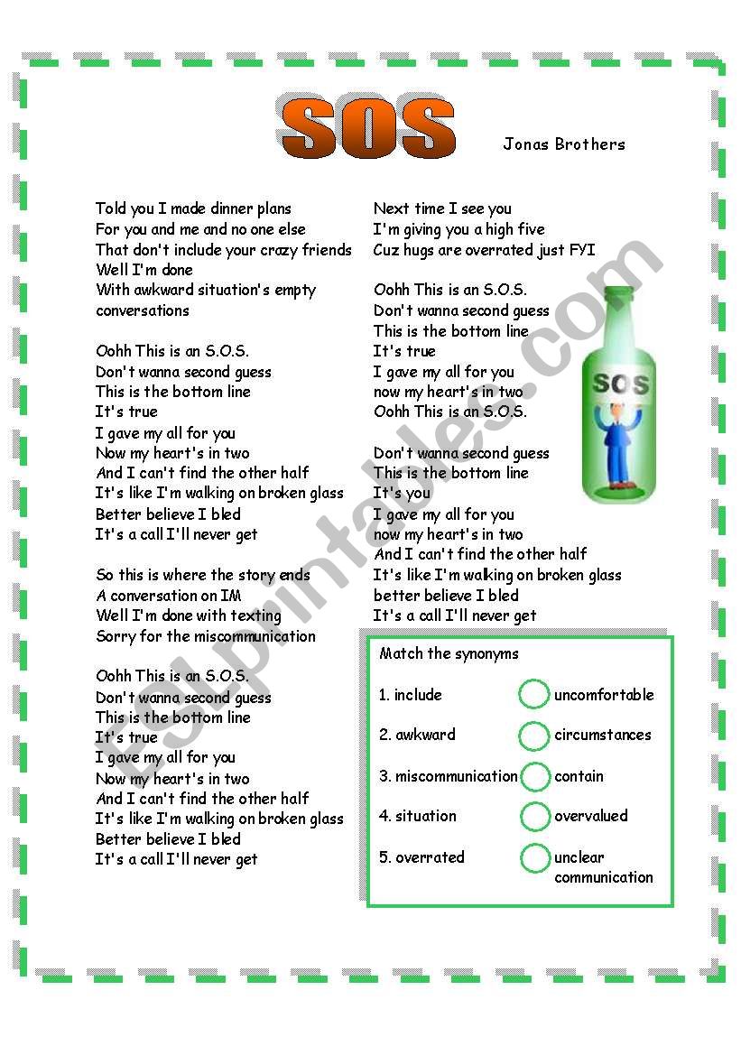 Jonas Brothers song SOS worksheet