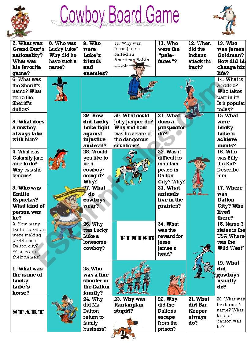 Cowboy Board Game and Quiz worksheet