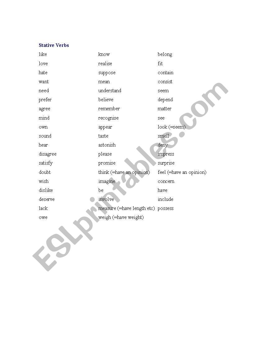 stative verbs worksheet