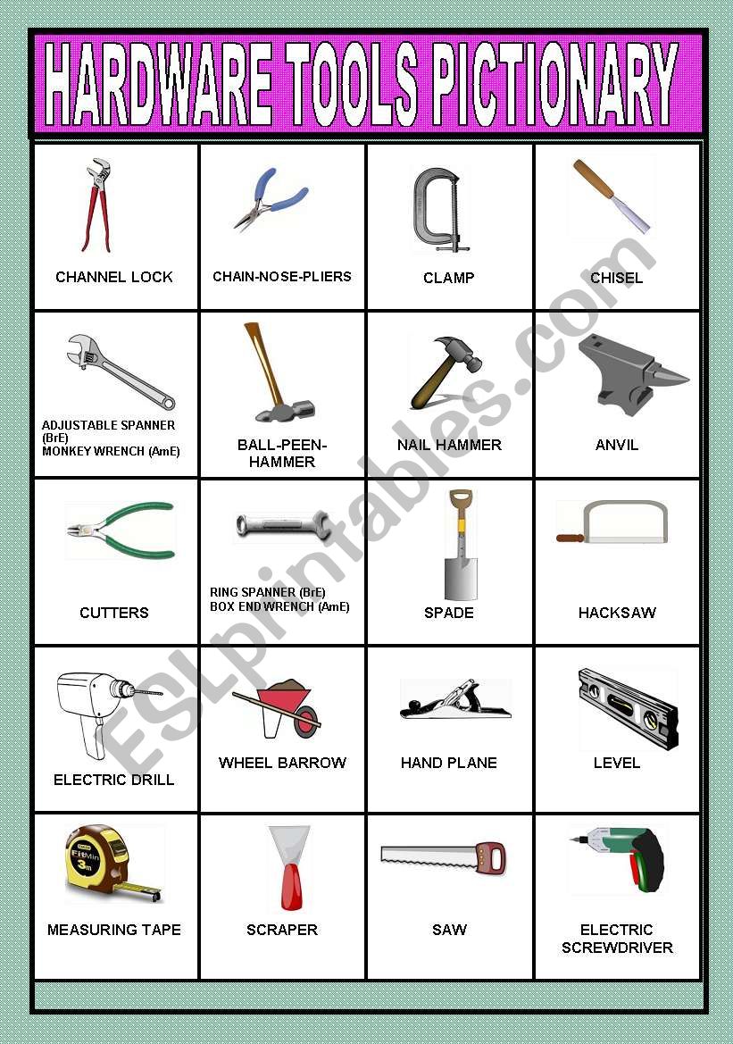 HARDWARE TOOLS PICTIONARY worksheet